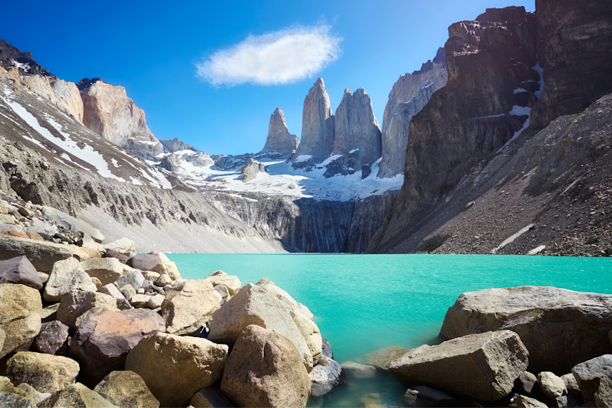 Three granite towers, with a sparkling clear blue lake.